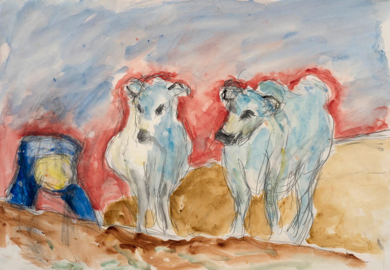 Henryk Gotlib, Two Oxen and Man in Yellow Hat, Stooping, 1964