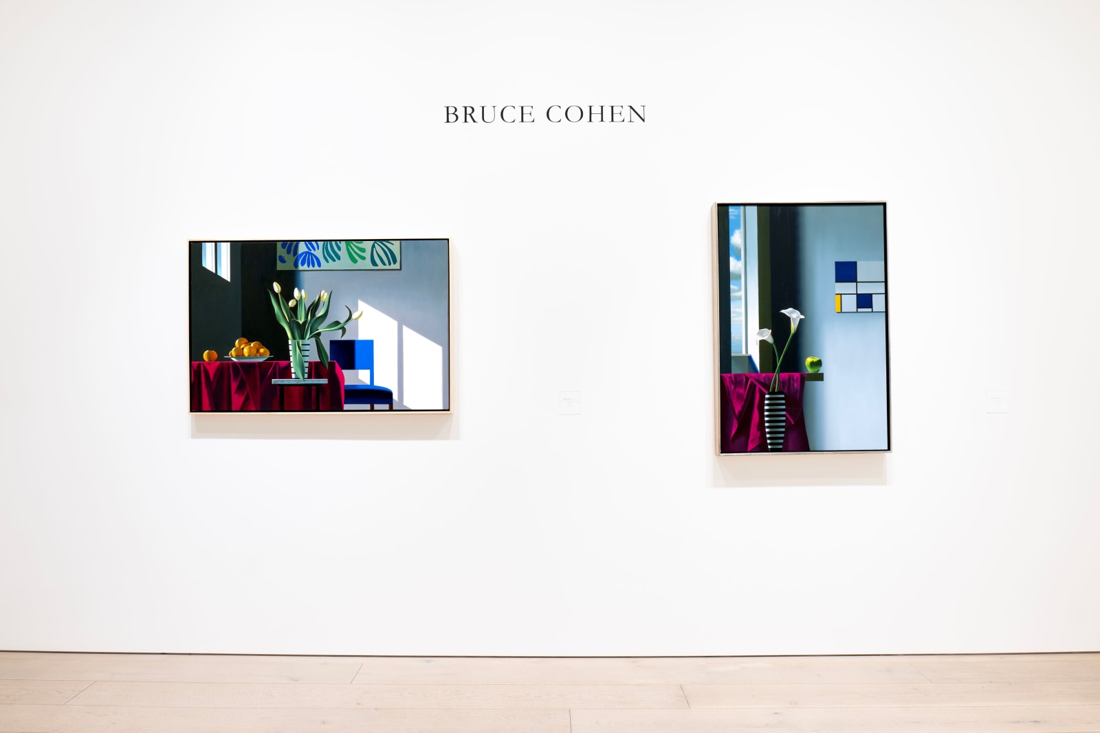 Bruce Cohen, Interior with White Tulips, Blue Chair and Bowl of Oranges, 2024