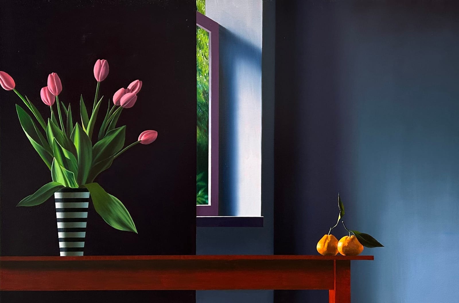 Bruce Cohen, Interior with Two Tangerines and Pink Tulips, 2024