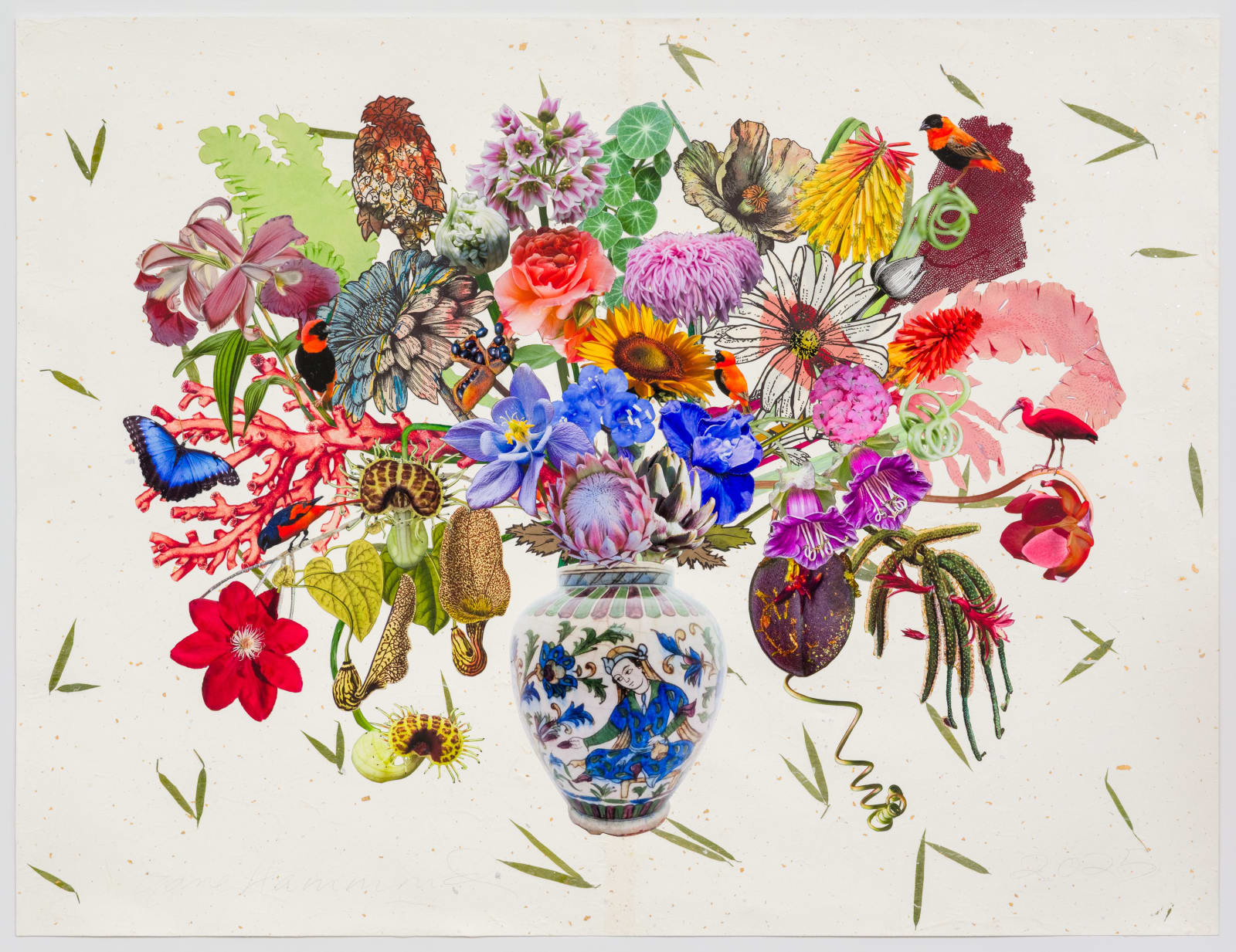 Jane Hammond, Persian Vase with Cup and Saucer Vine, Clematis Rebecca and Northern Red Bishop, 2025