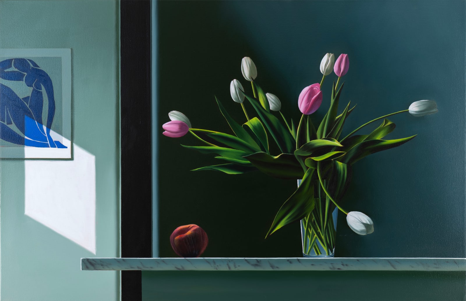 Bruce Cohen, Interior with Pink and White Tulips on Ledge with Peach, 2024