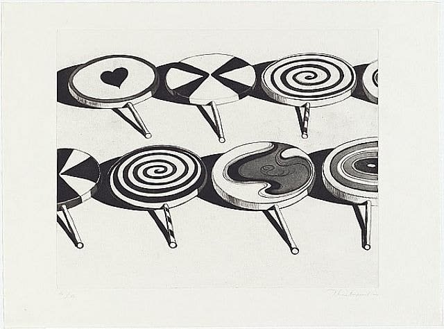 Wayne Thiebaud, Black Suckers, from Seven Still Lifes and a Silver Landscape, 1971