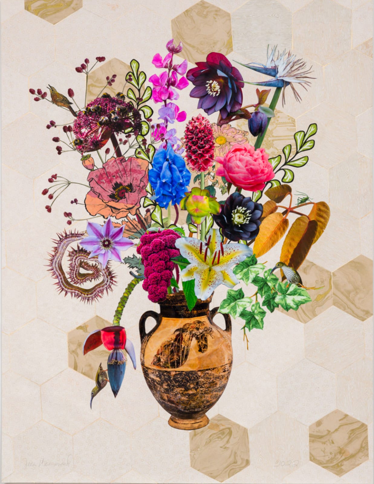 Jane Hammond, Horse-Head Amphora with Angelica, Monkshood and Two Spiderhunters, 2023