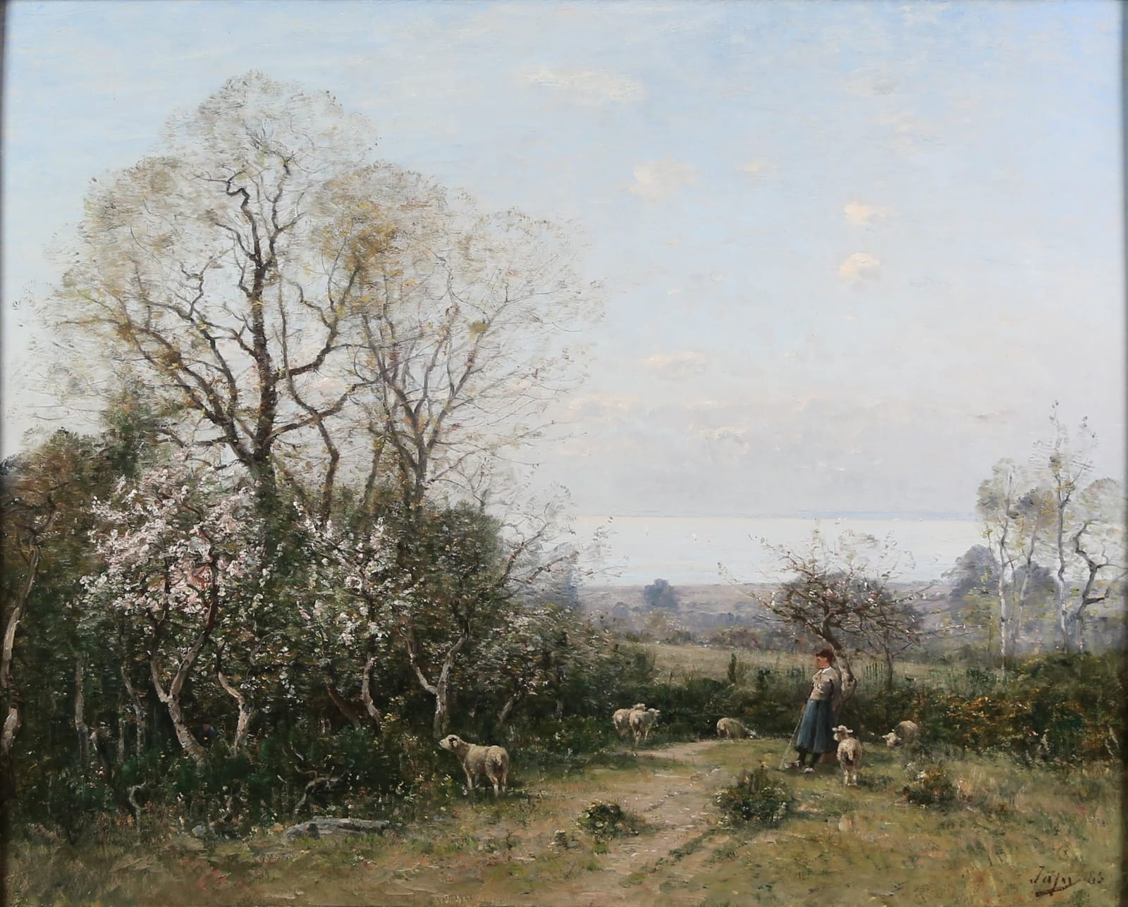 Louis Aimé JAPY, Bergère aux arbres en fleurs devant la mer, 1885