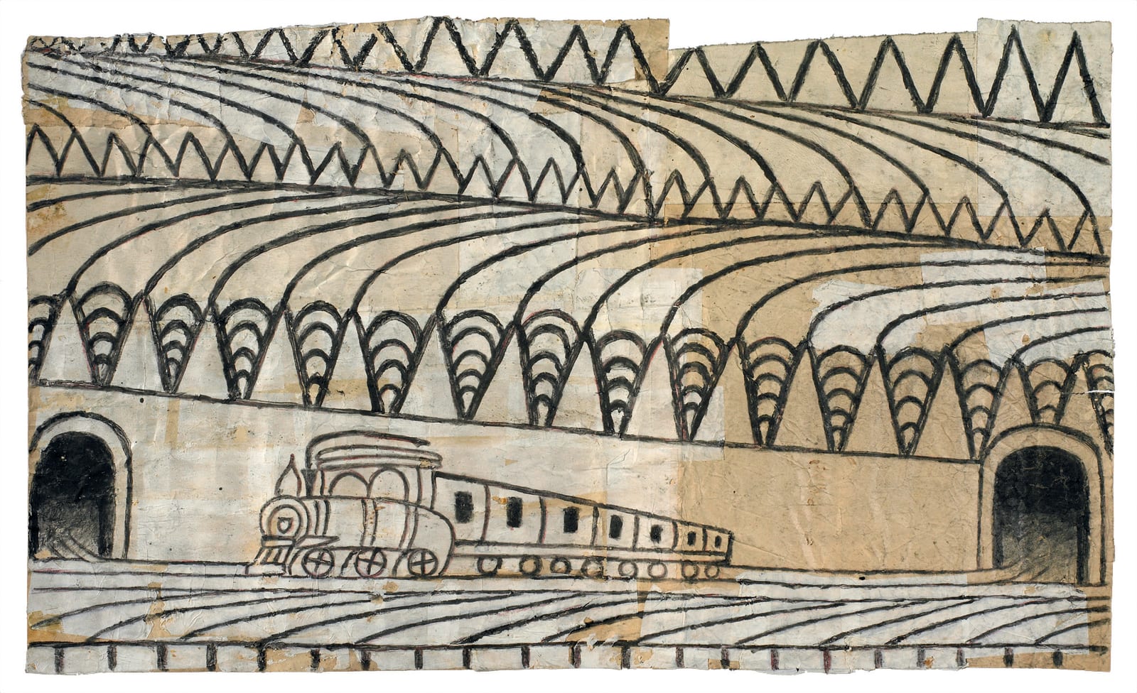 Martín Ramírez, Untitled (Triangle Landscape with Train), c. 1960-63