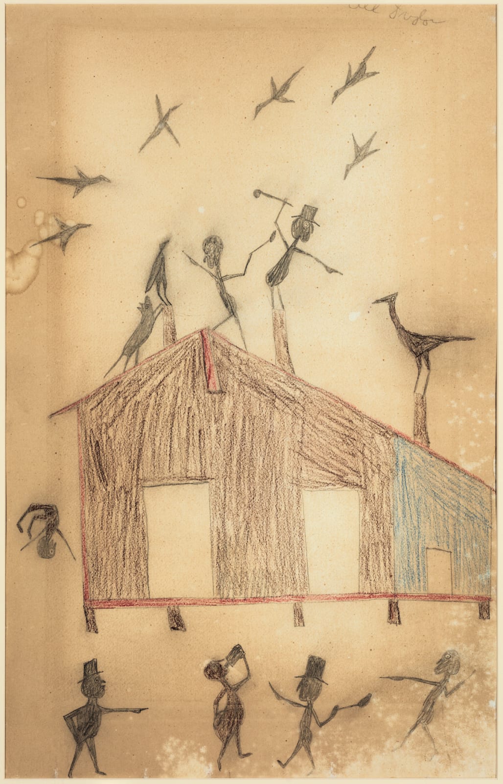 Bill Traylor, Men on Roof (crazy house with figures)