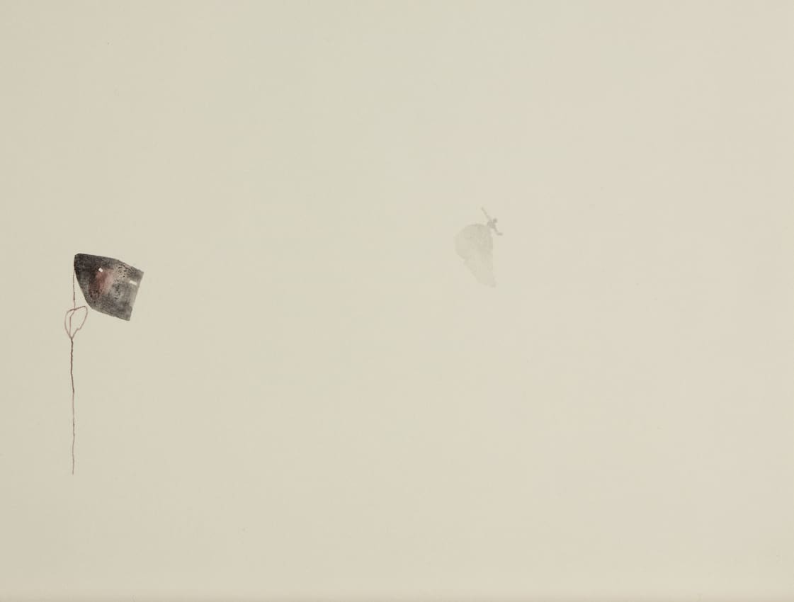 Sara Maher, Imaginary Homeland ( A house on a string, a marsh-lady with a water-divining twig (or is it a lasso), her shadow following behind, her self adrift in space, and a little person watching from afar) , 2020