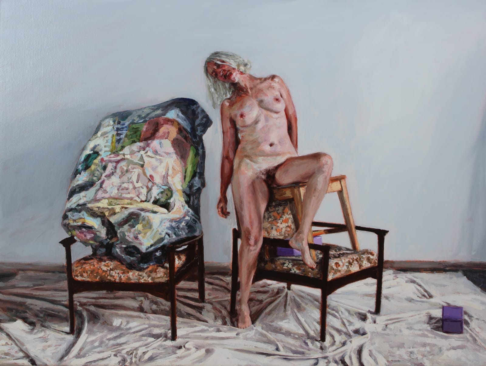 Amanda Davies, The artist's model, standing with crushed Stoner painting, 2019