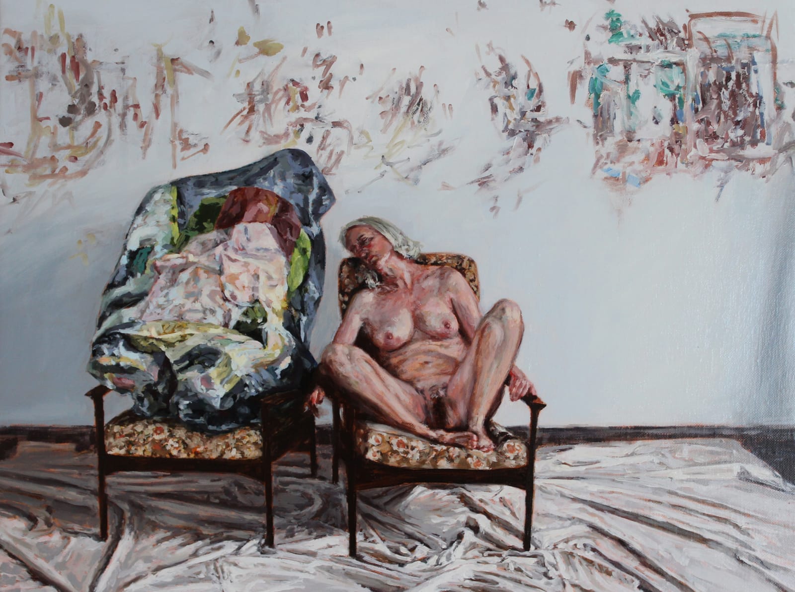 Amanda Davies, The artist's model, with crushed Stoner painting, 2019