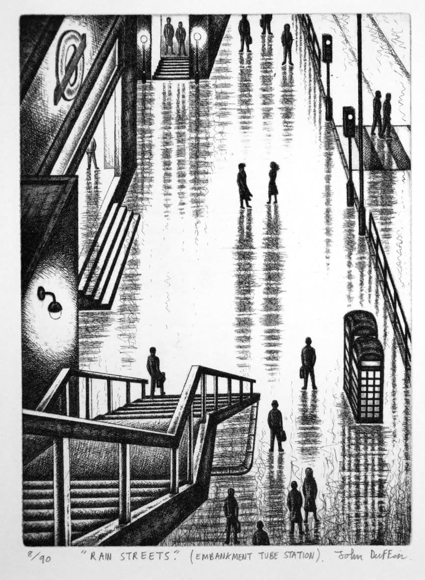 John Duffin RWS RE, Rain Streets - Embankment Tube Station
