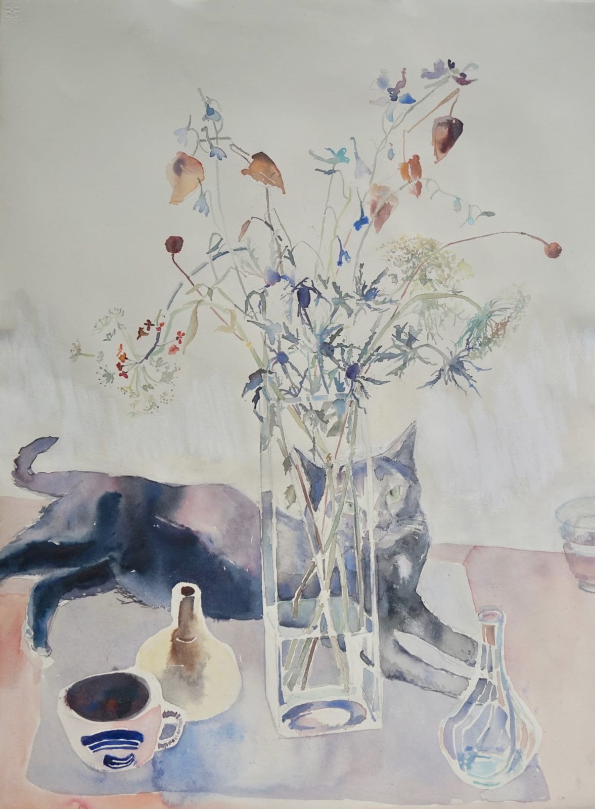 Sophie Knight RWS, Black Cat peeking through Glass Vase, with Thistles and Dried Chinese lanterns .