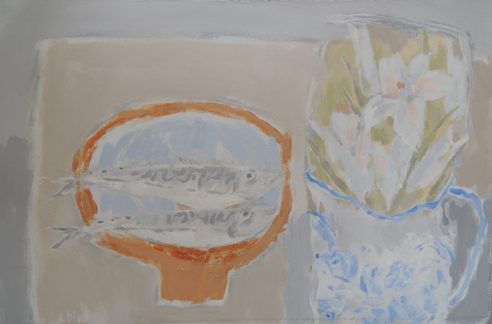 Christie Bird RWS, Mackerel Table with Lilies