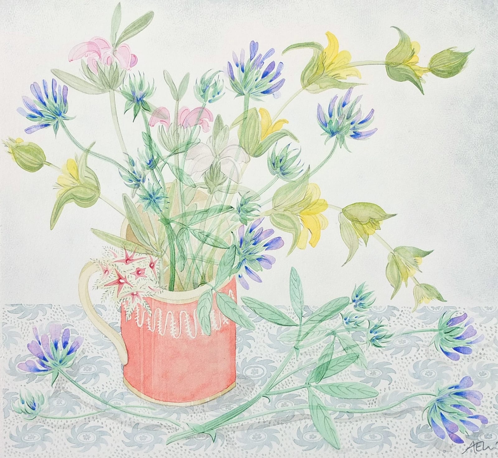 Angie Lewin RWS RE, Pink Cup with Pitch Trefoil and Phlomis
