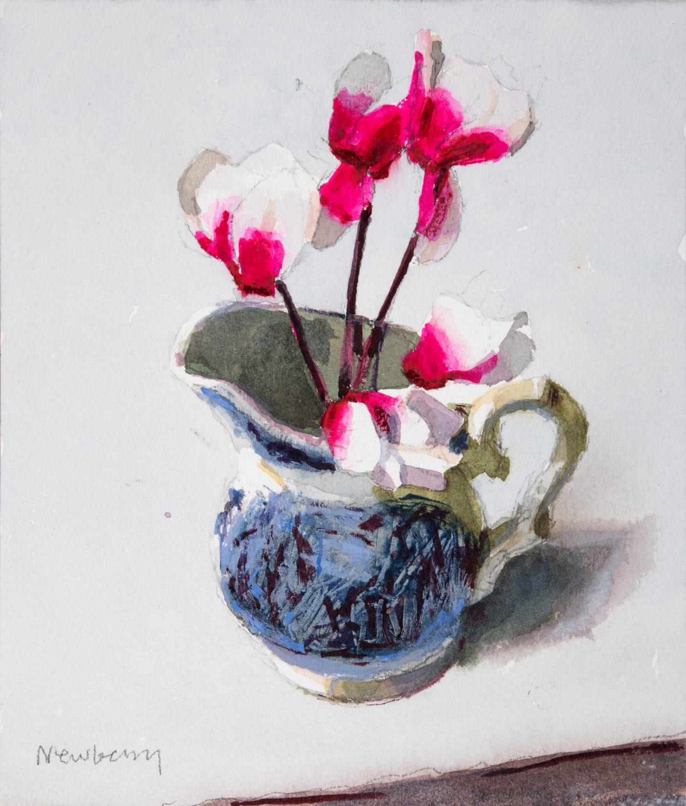 John Newberry RWS, Cyclamen in Blue and White Jug