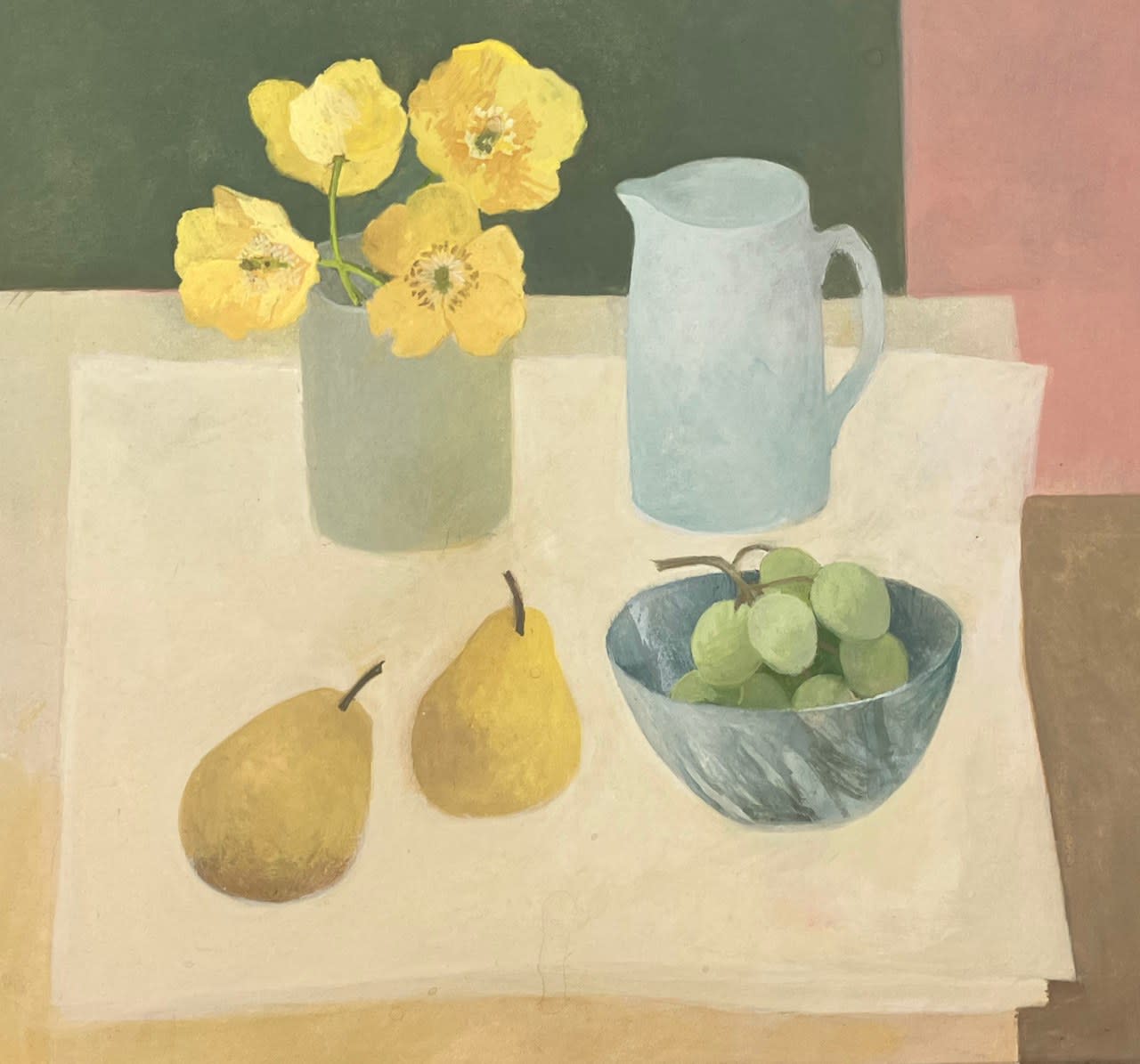 Wendy Jacob RWS, On the table: poppies, pears and grapes