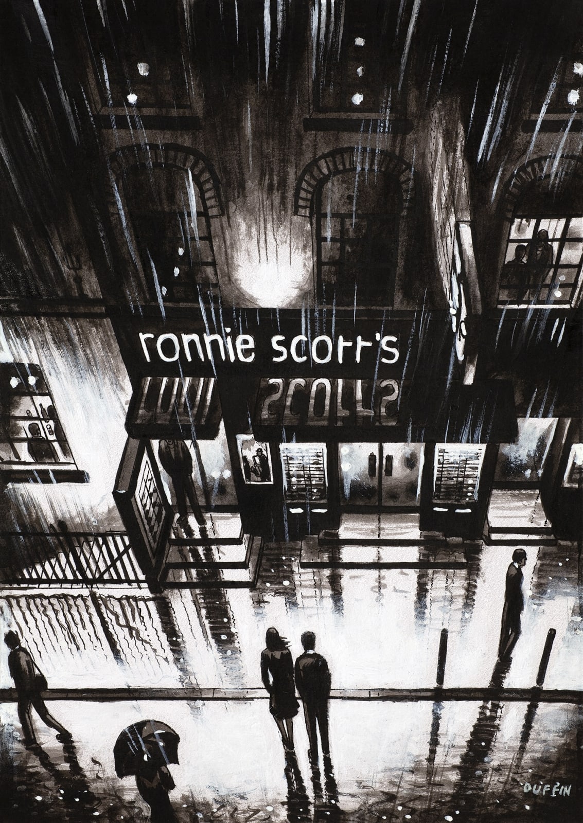 John Duffin RWS RE, Ronnie Scott's - Black and White Night (study)
