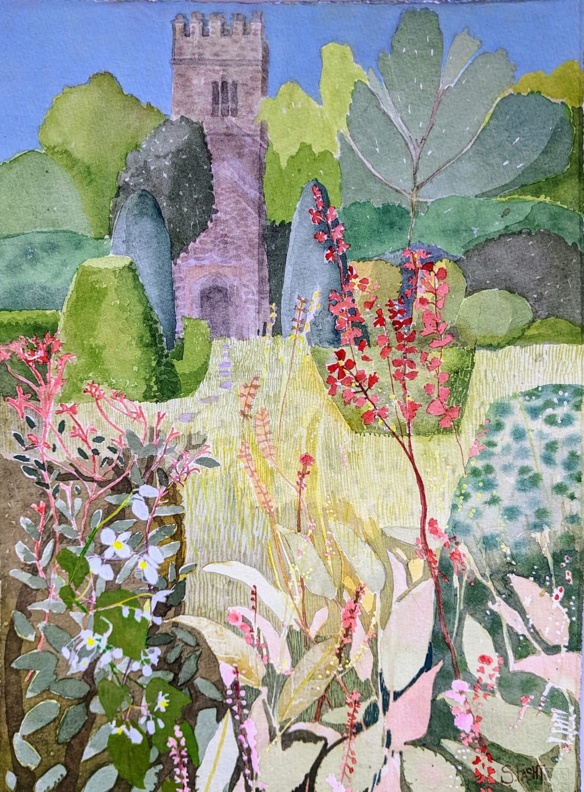 Suzy Fasht RWS, Medieval Tower in a Garden (Dartington)