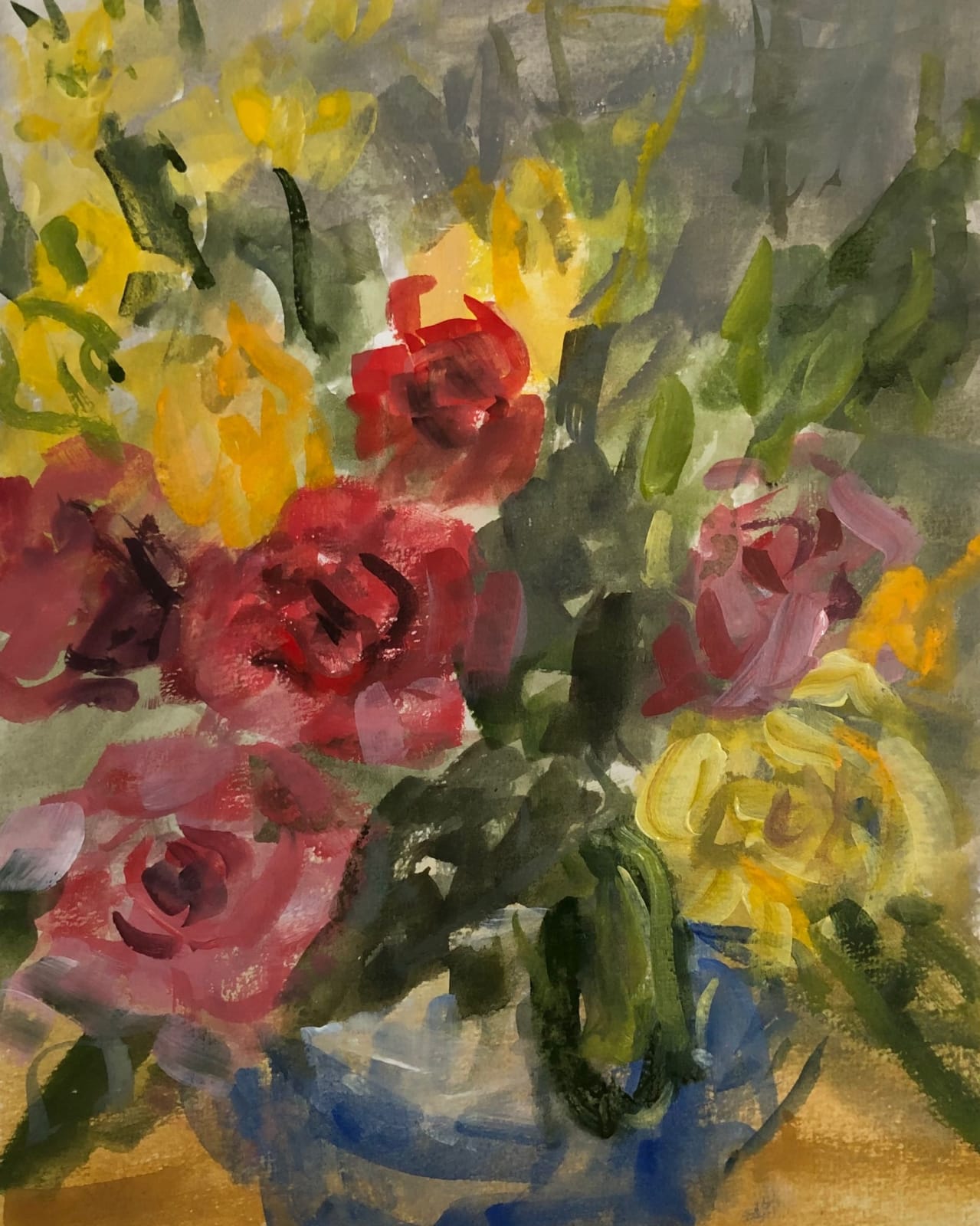 Lucy Marks RWS, Yellow Roses and Blue Jug