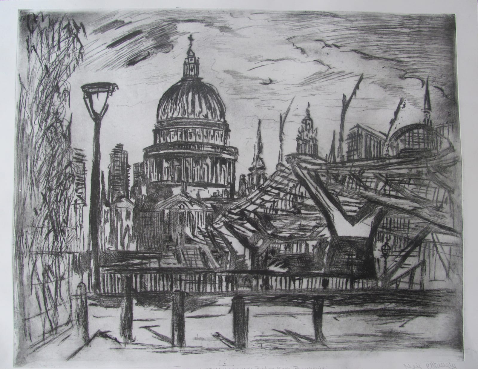 Neil Pittaway RWS RE, St. Paul's and the Millennium Bridge from Bankside