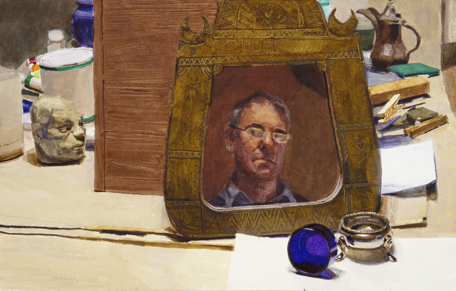 John Newberry RWS, Studio with Self Portrait