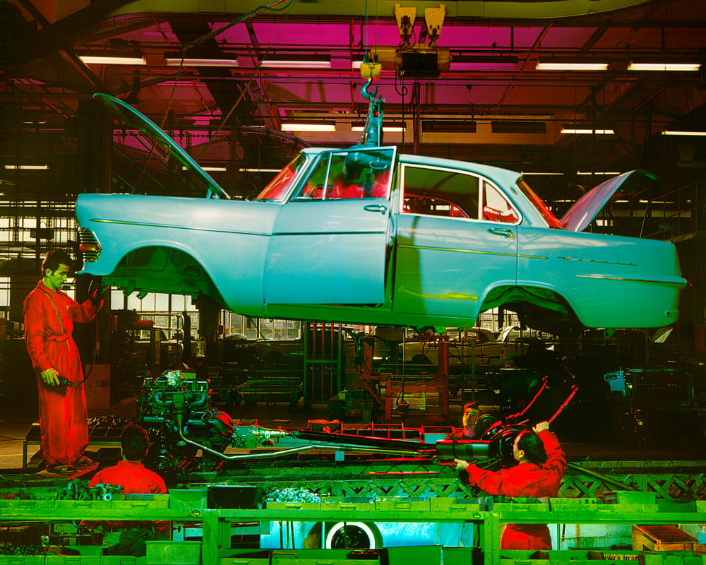 René Groebli, Assembly of an Opel Record, General Motors/Montage des Opel Record, General Motors (D21), Biel, Schweiz, 1961