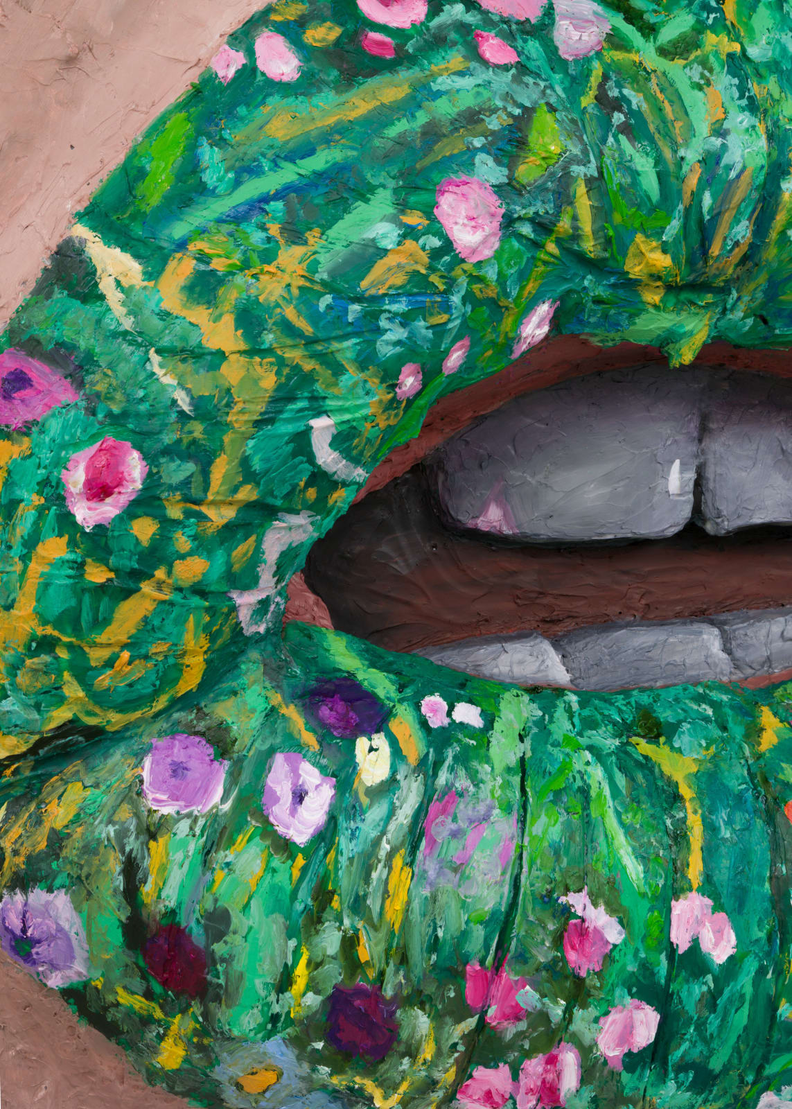 Gina Beavers, Klimt flowers on my lips, 2023
