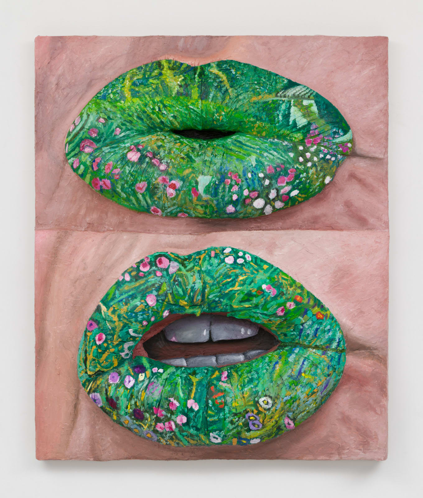 Gina Beavers, Klimt flowers on my lips, 2023