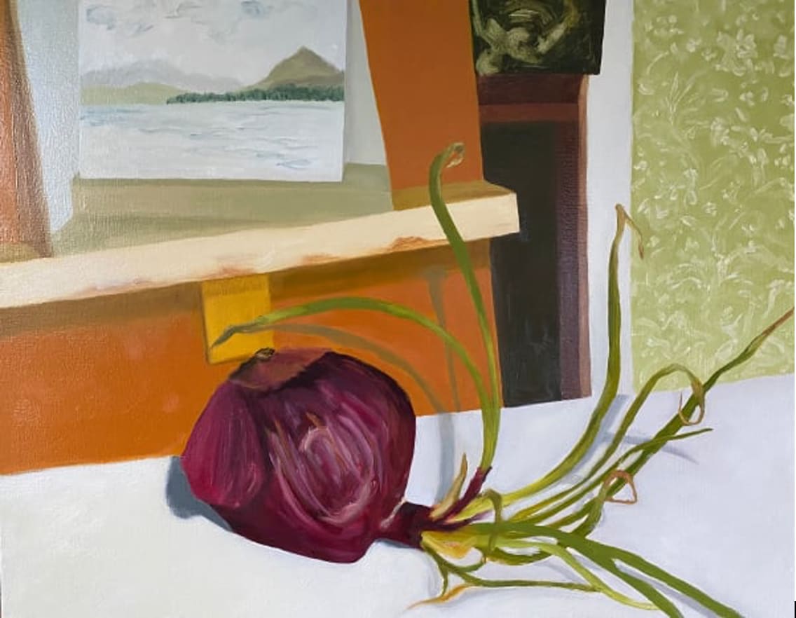 Nancy Murphy Spicer, Red Onion with Paintings, 2020