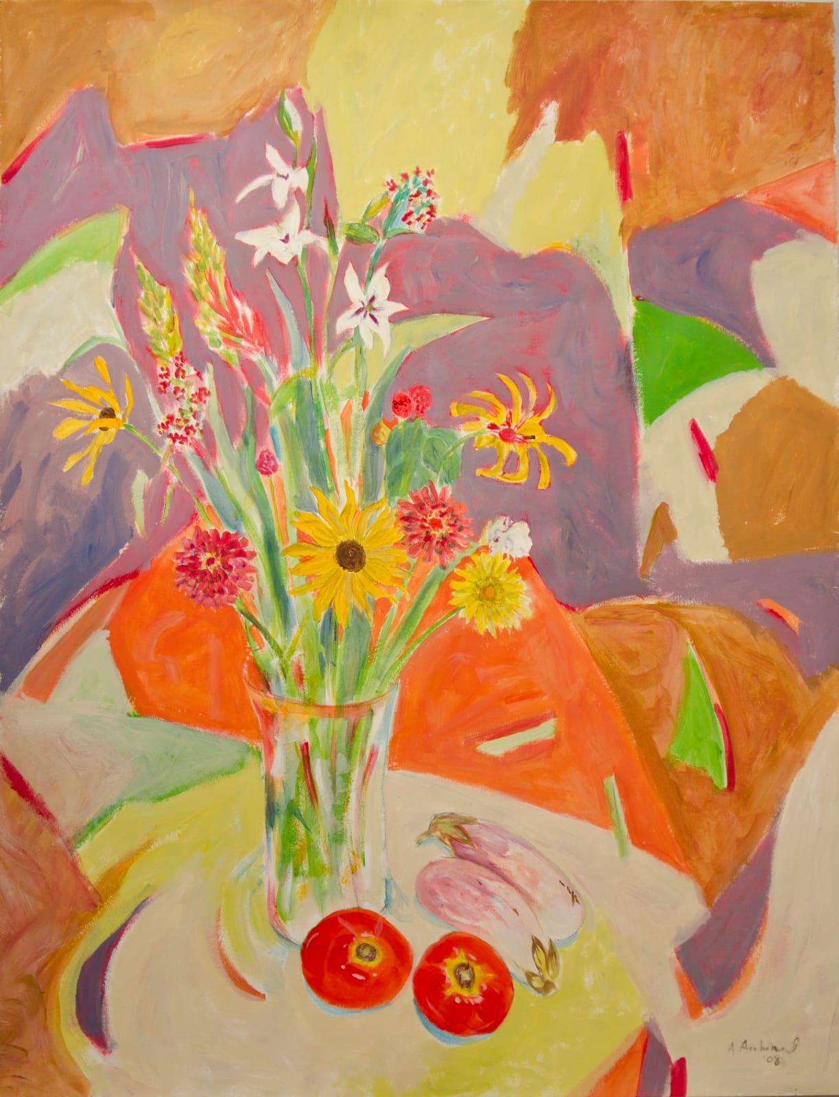 Amy Archinal, Flowers with Creole Tomatoes and Eggplant, 2008