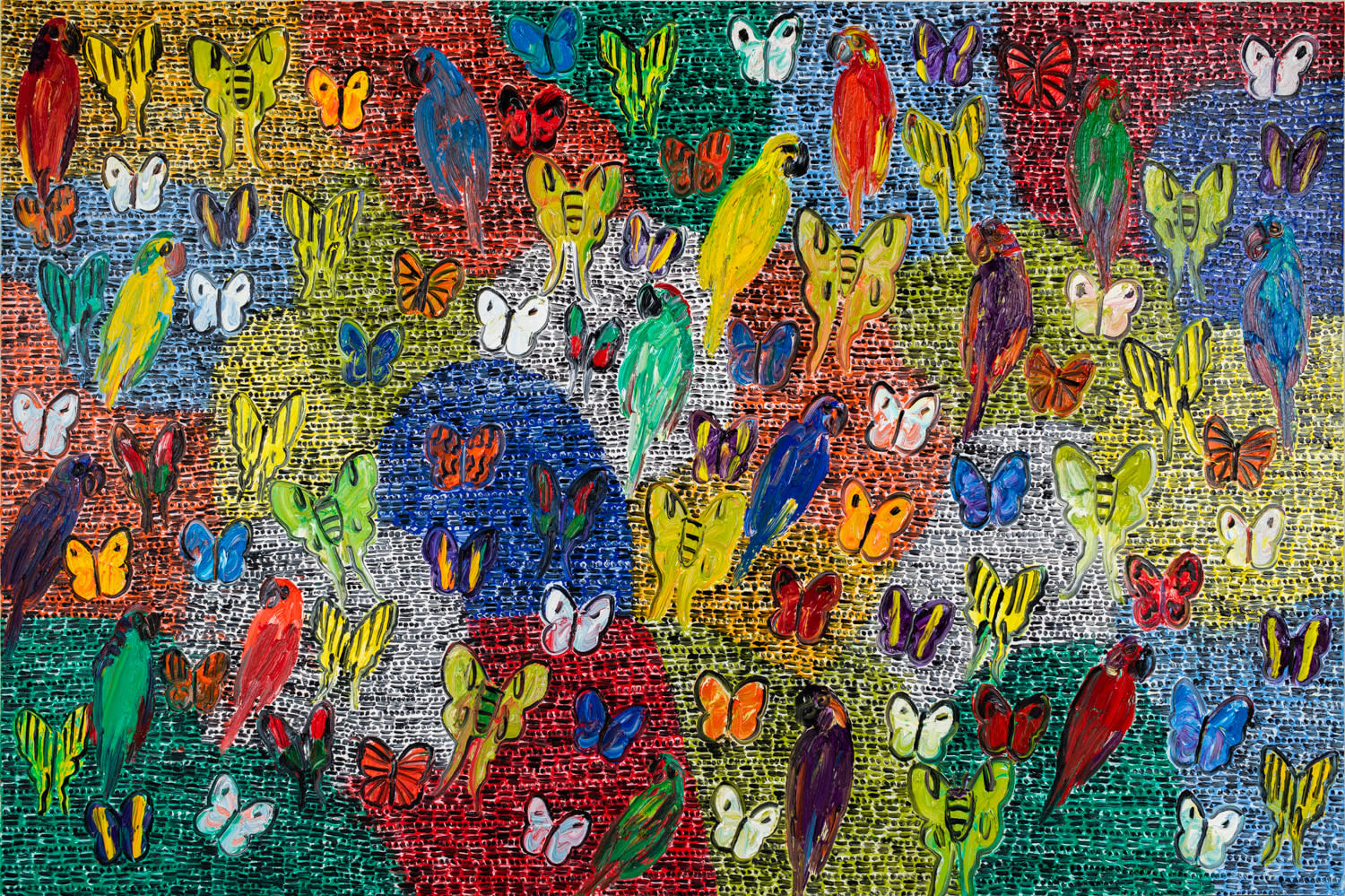 Hunt Slonem, "Guardian Conures Butterflies", 2021