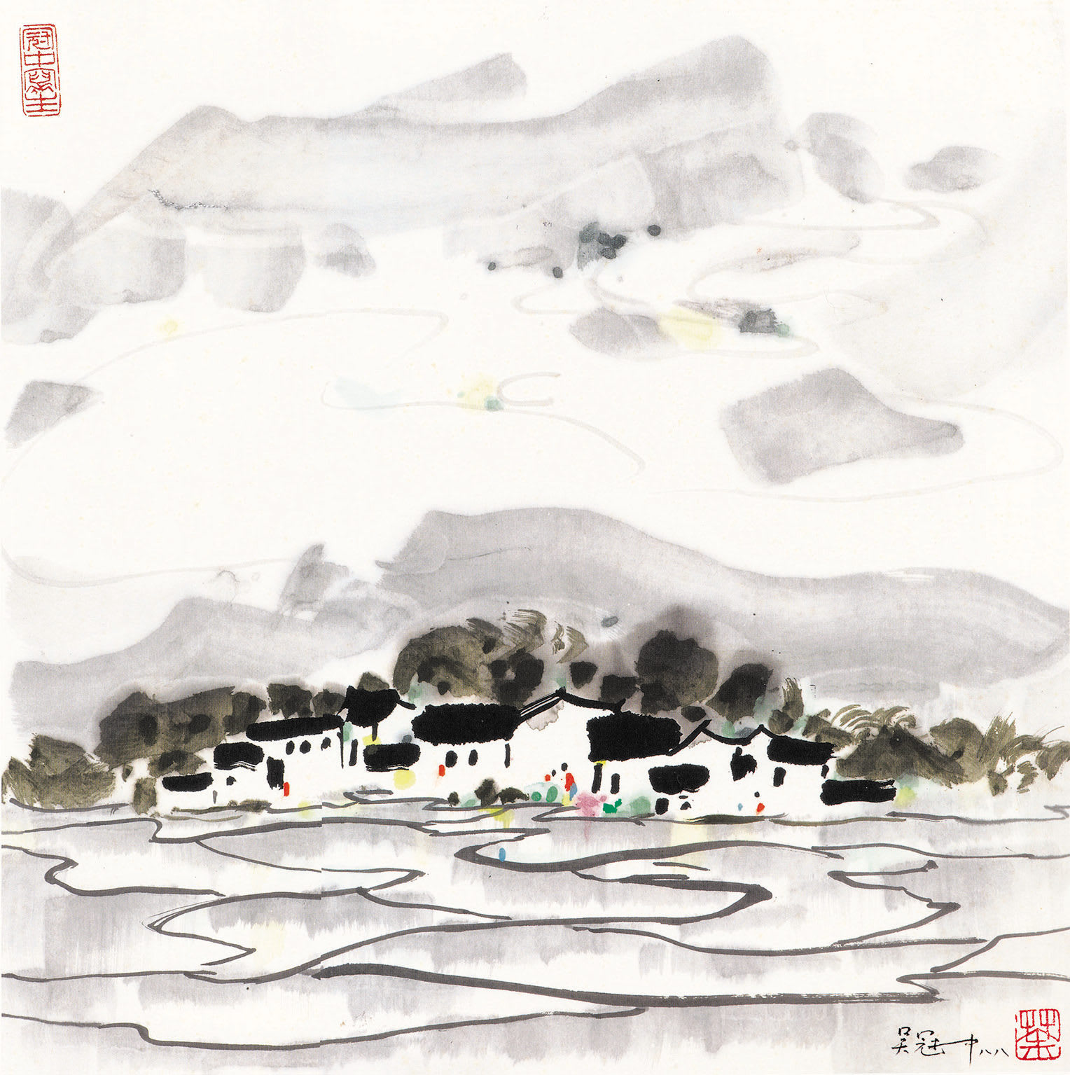 Wu Guanzhong 吳冠中, A Village in the Mountains 山間村寨（册頁）, 1988