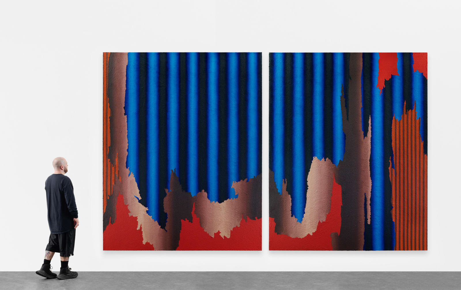 Kevin Lowenthal, Cerulean, reclaimed nude, molybdate orange curtain, 2026