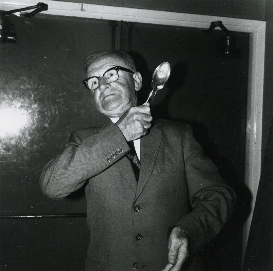 Daniel Meadows, Man Playing Spoons at a Weymouth Talent contest, July 1974, 1974