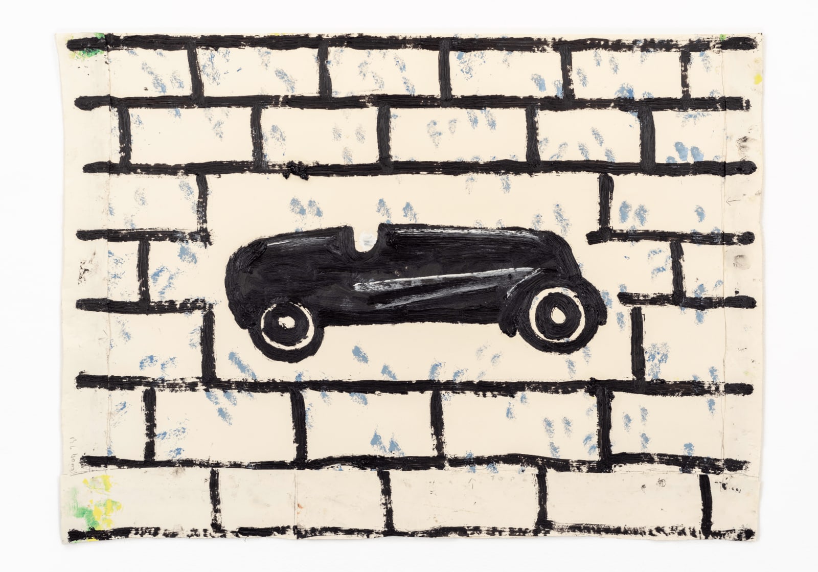 Rose Wylie, Black Aston Martin on brick wall, 2018
