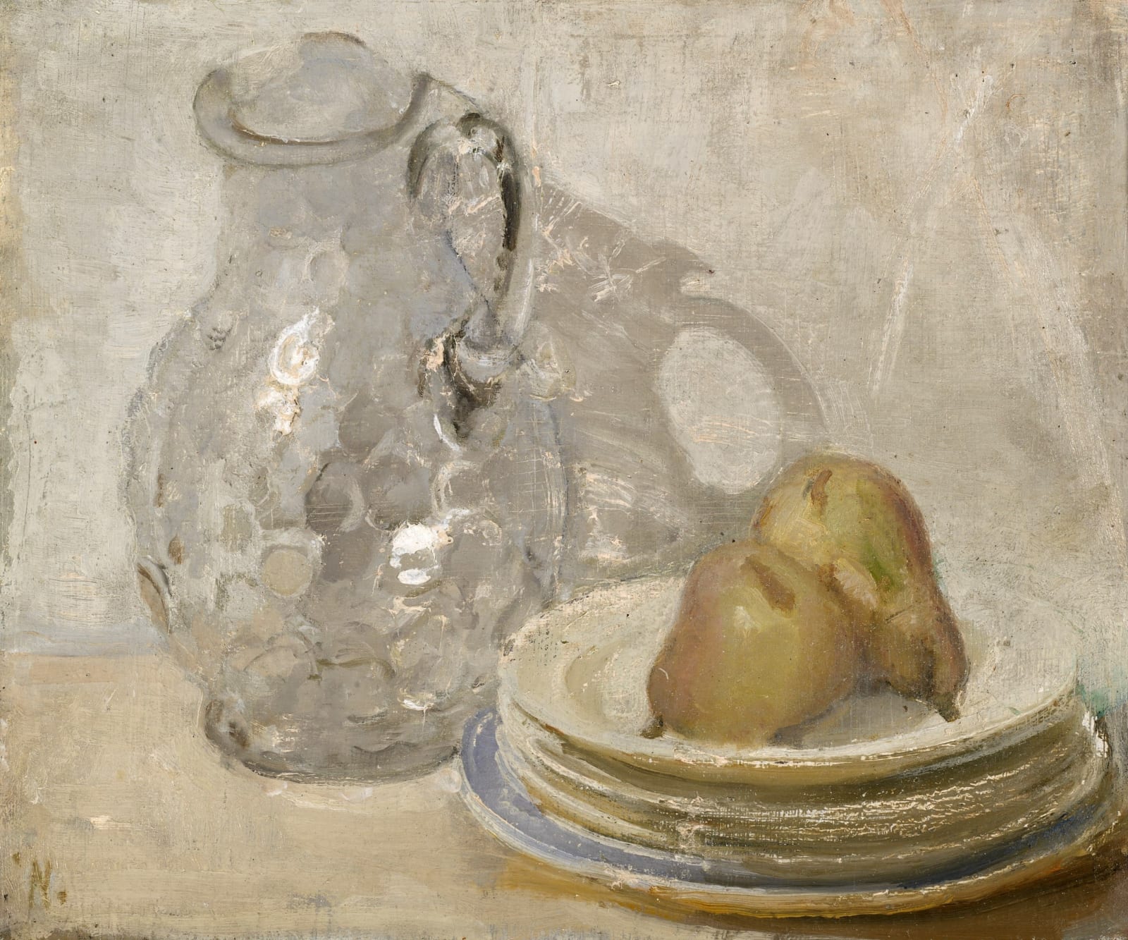 WILLIAM NICHOLSON, Glass jug with pears on plates, circa 1938