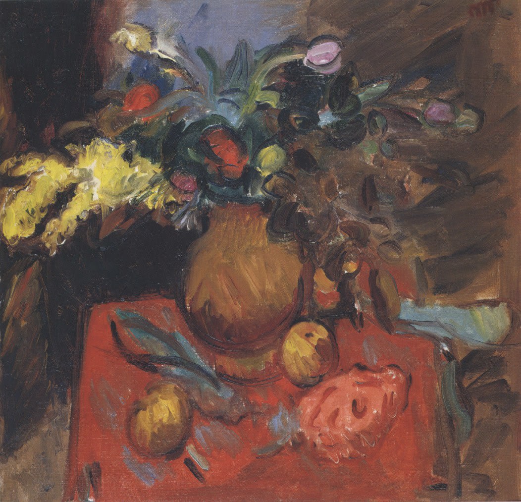 SIR MATTHEW SMITH, Tulips and Mimosa in a brown jug, Painted in 1933