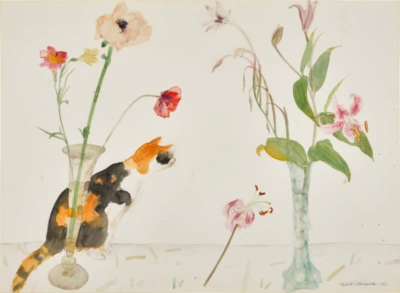 ELIZABETH BLACKADDER, Tortoiseshell Cat and Flowers, 1982