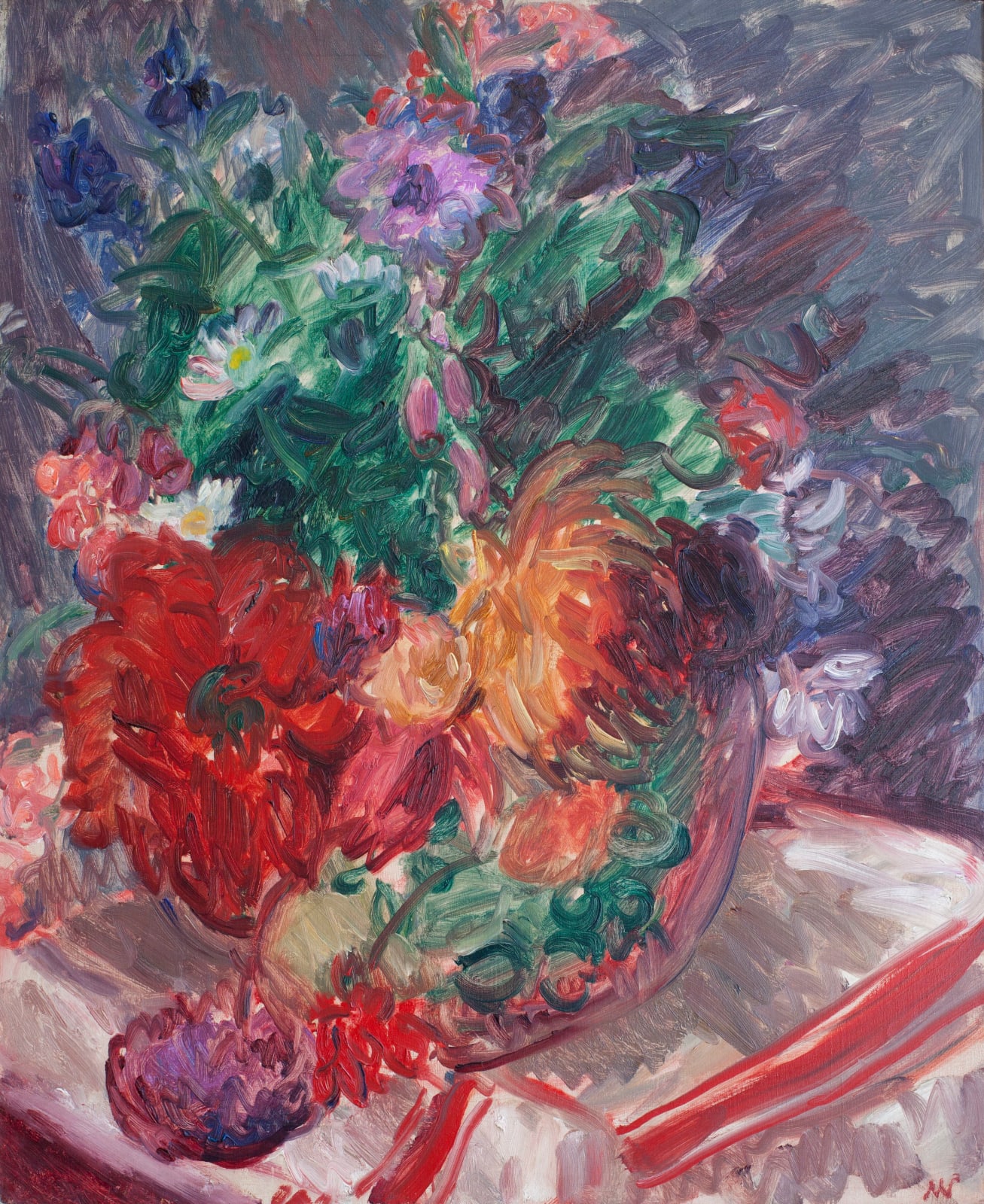SIR MATTHEW SMITH, Still life with flowers and striped cloth, circa 1931