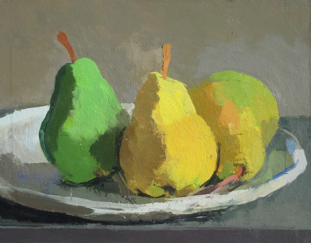 ROBERT DUKES, Three Pears on a White Dish, 2020