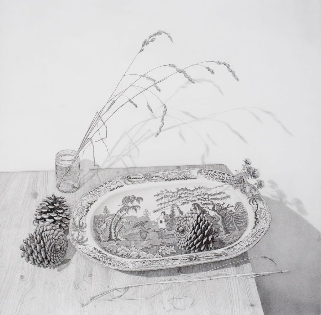 EDMUND CHAMBERLAIN, Still life with Pine Cones, Willow Pattern Dish and Grasses in a Jar, 2014