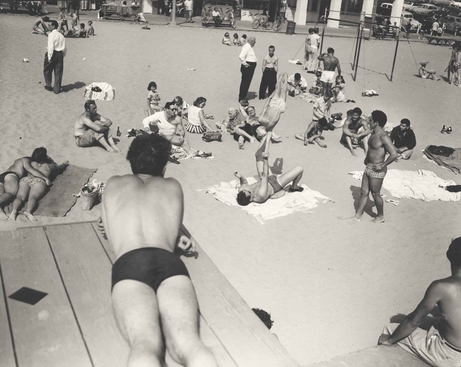 Larry Silver, People Watching Boy Being Balanced, Muscle Beach, CA, 1954