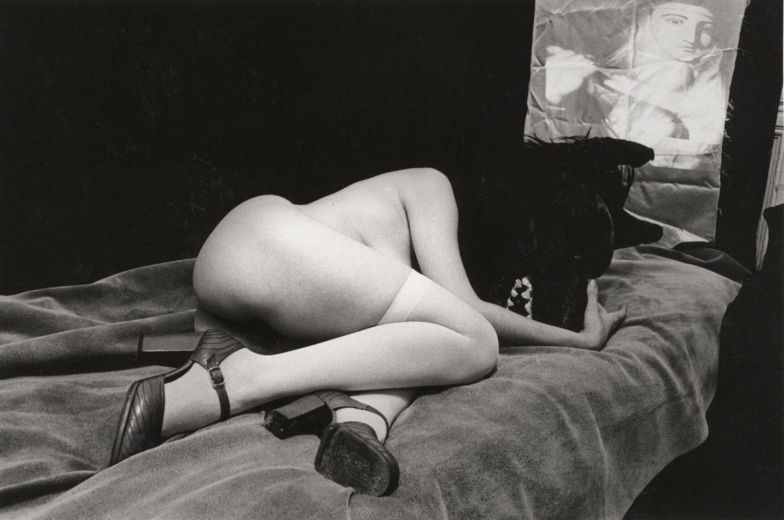 Joel-Peter Witkin, DEATH IN THE ROOM, "Woman With Death Mask and Projected Painting of Nun" (Version 1), 1971