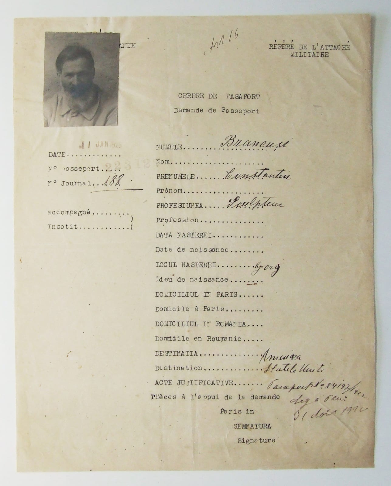 Constantin Brâncuși, Self-portrait (Demande de Passeport), 1926