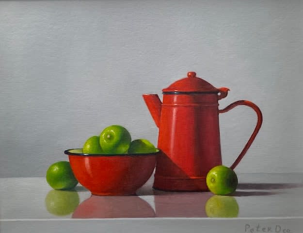 Peter Dee, Red Enamelware with Apples