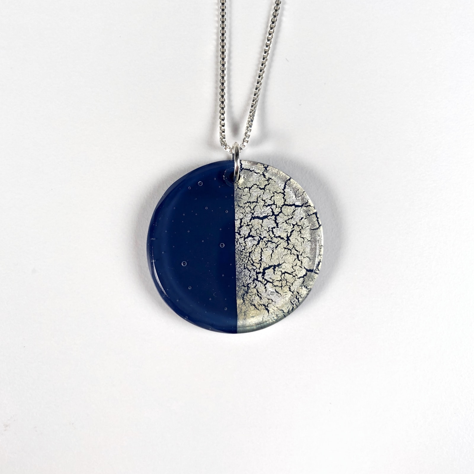 Geometric Glass Circle Pendant Necklace - Blue + Silver