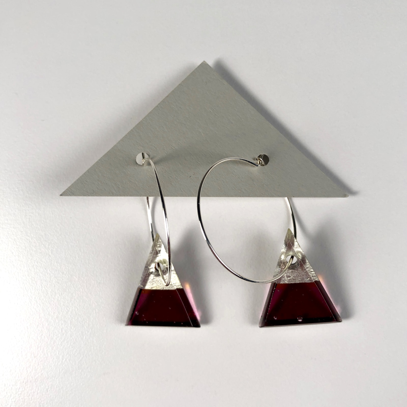 Geometric Glass Triangle Hoop Earrings - Fuchsia + Silver