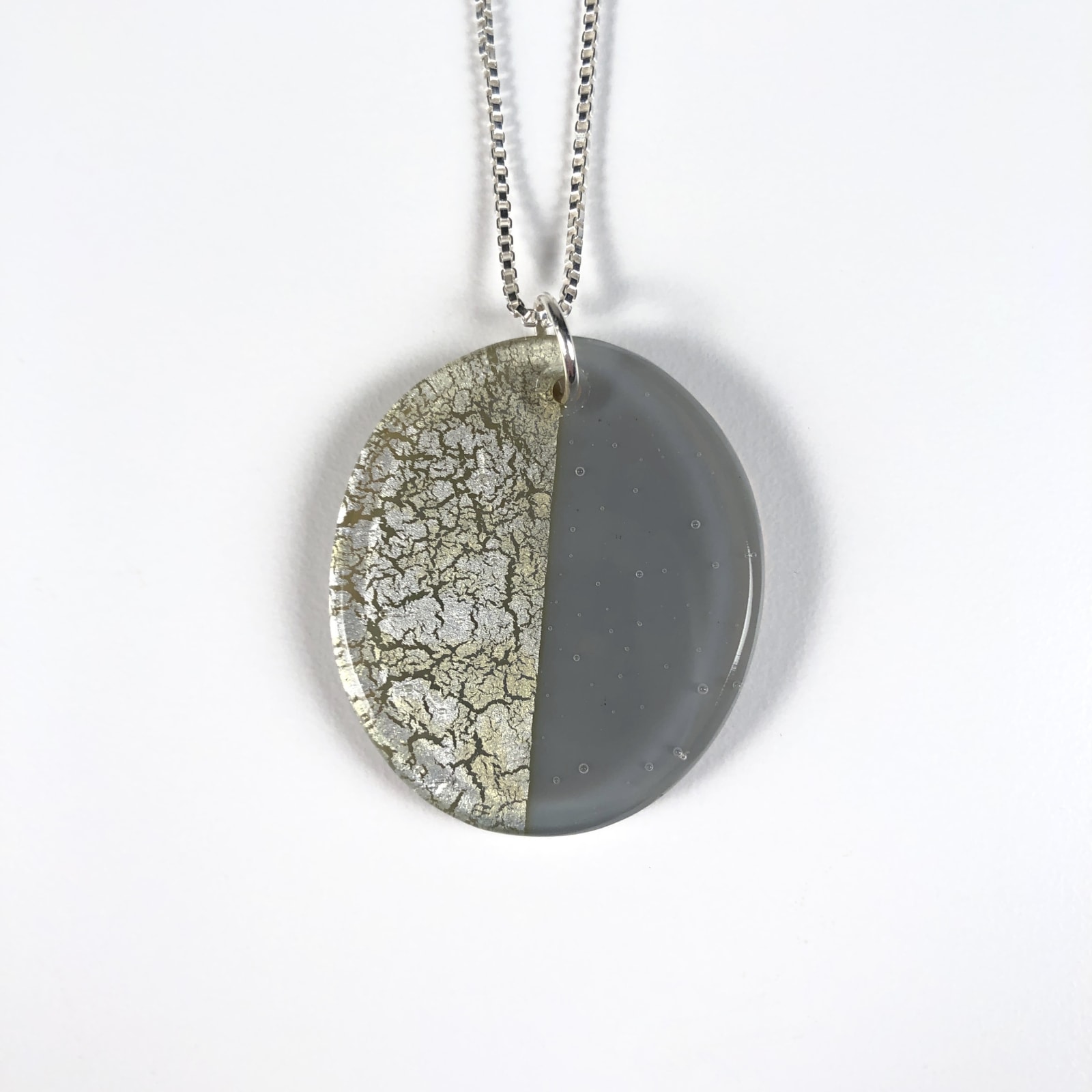 Geometric Glass Oval Pendant Necklace - Gray + Silver
