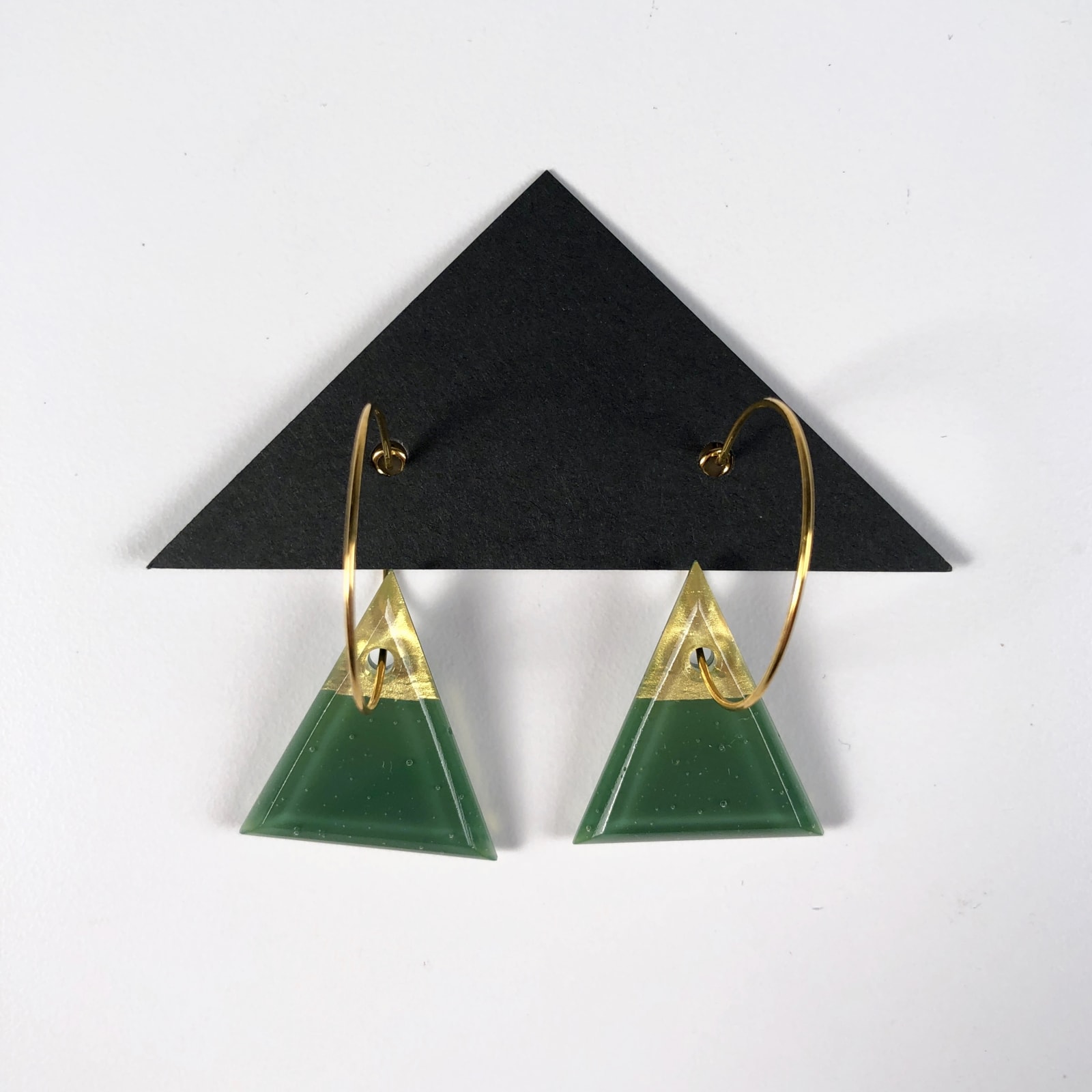 Geometric Glass Triangle Hoop Earrings - Green + Gold