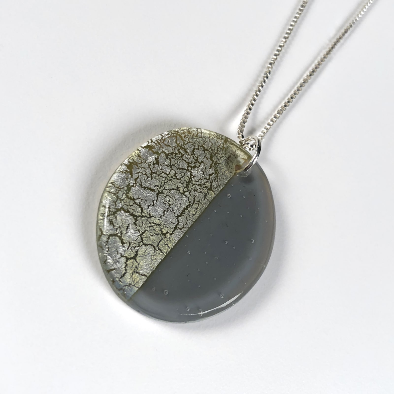Geometric Glass Oval Pendant Necklace - Gray + Silver