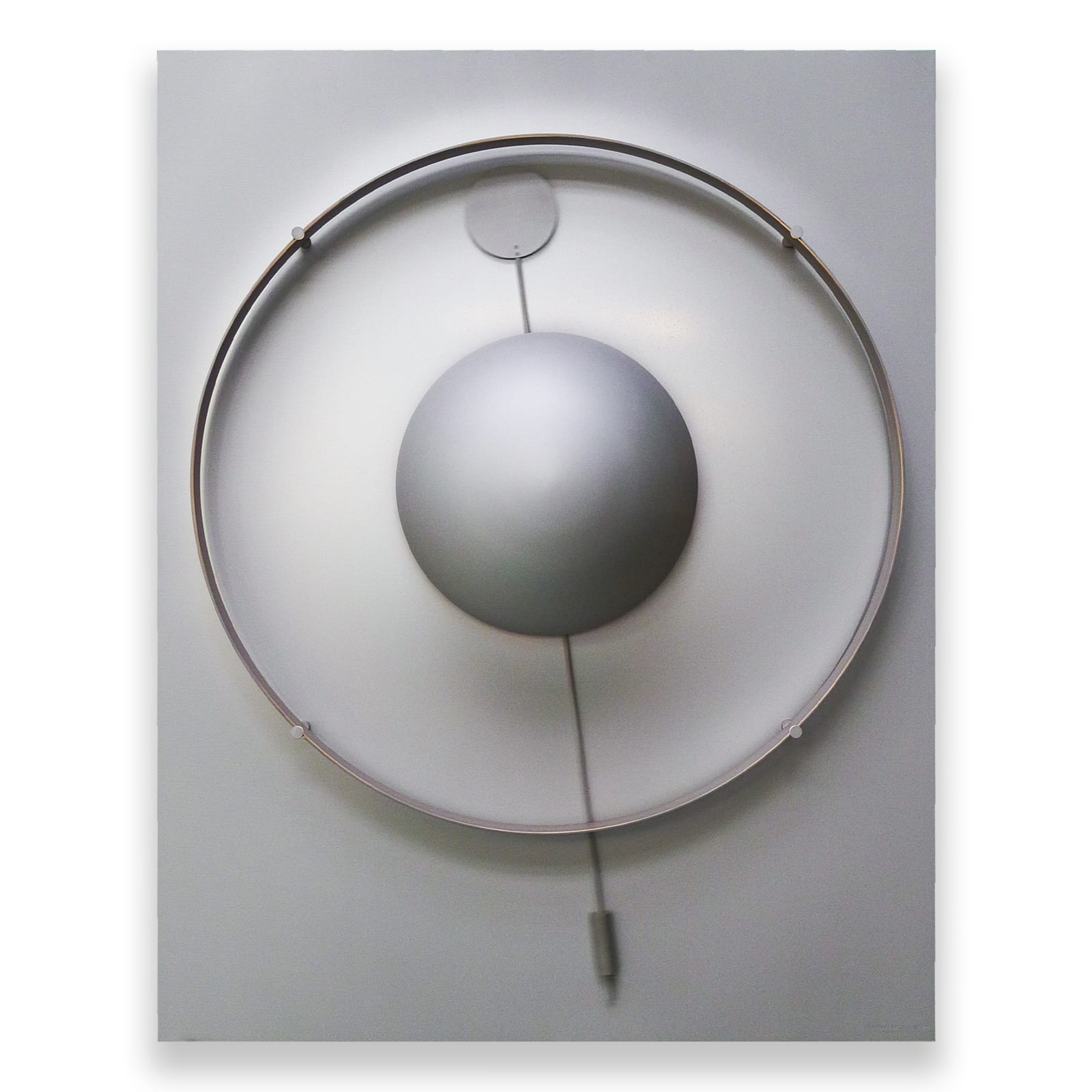 Silver-toned kinetic wall sculpture by Damien Bénéteau featuring a central rotating disc inside a circular form, lit with integrated LED light on an anodised aluminium panel.